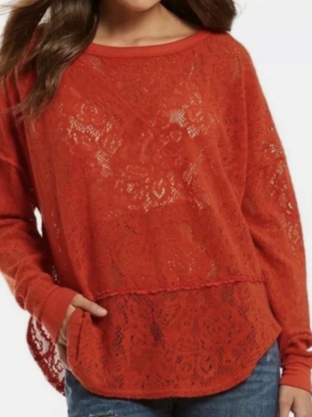 FREE PEOPLE Not Cold In This Lace Top size Small orange oversize lacy sweatshirt
